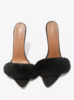 Black Suede Sexy Mules Faux Fur Open Toe High Heel Sandal Slides