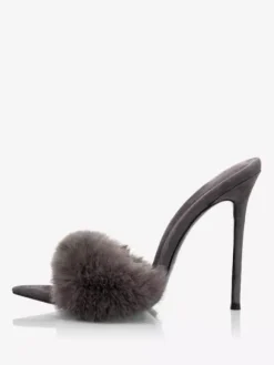 Black Suede Sexy Mules Faux Fur Open Toe High Heel Sandal Slides