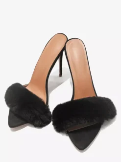 Black Suede Sexy Mules Faux Fur Open Toe High Heel Sandal Slides