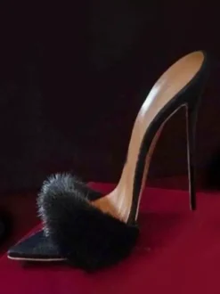 Black Suede Sexy Mules Faux Fur Open Toe High Heel Sandal Slides
