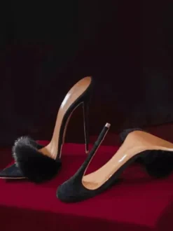 Black Suede Sexy Mules Faux Fur Open Toe High Heel Sandal Slides