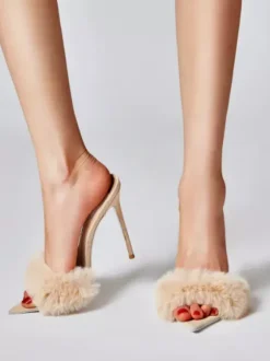 Black Suede Sexy Mules Faux Fur Open Toe High Heel Sandal Slides