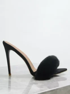 Black Suede Sexy Mules Faux Fur Open Toe High Heel Sandal Slides