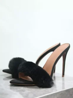 Black Suede Sexy Mules Faux Fur Open Toe High Heel Sandal Slides
