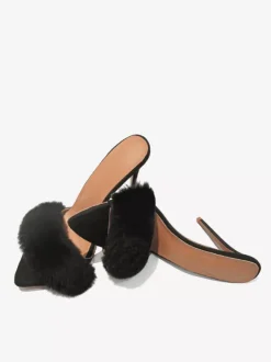 Black Suede Sexy Mules Faux Fur Open Toe High Heel Sandal Slides