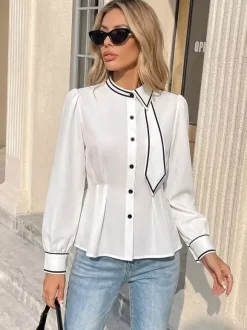 Black Trim Collar Peplum Blouse Bow Neck Long Sleeve Slim Fit Work Shirt