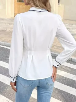 Black Trim Collar Peplum Blouse Bow Neck Long Sleeve Slim Fit Work Shirt