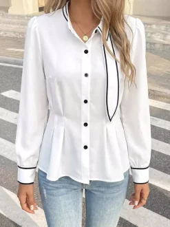 Black Trim Collar Peplum Blouse Bow Neck Long Sleeve Slim Fit Work Shirt