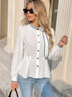 Black Trim Collar Peplum Blouse Bow Neck Long Sleeve Slim Fit Work Shirt