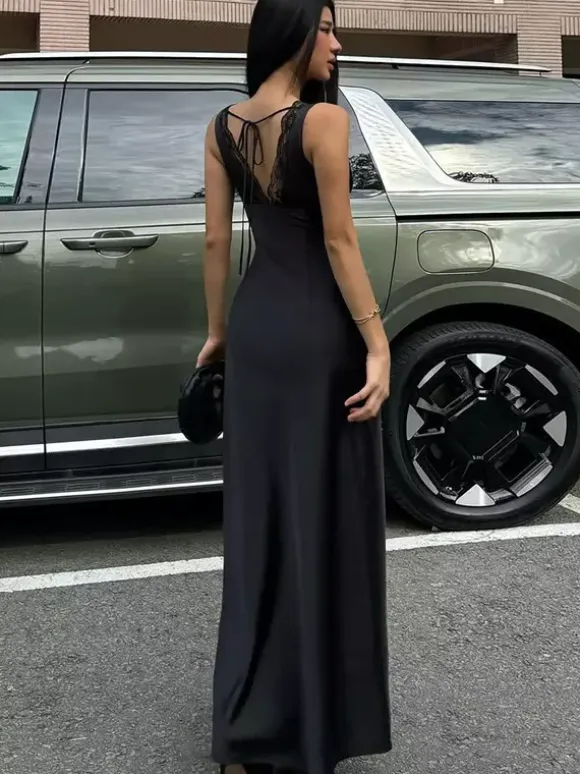 Black V Neck Lace Trim Slip Maxi Dress For Women 2026