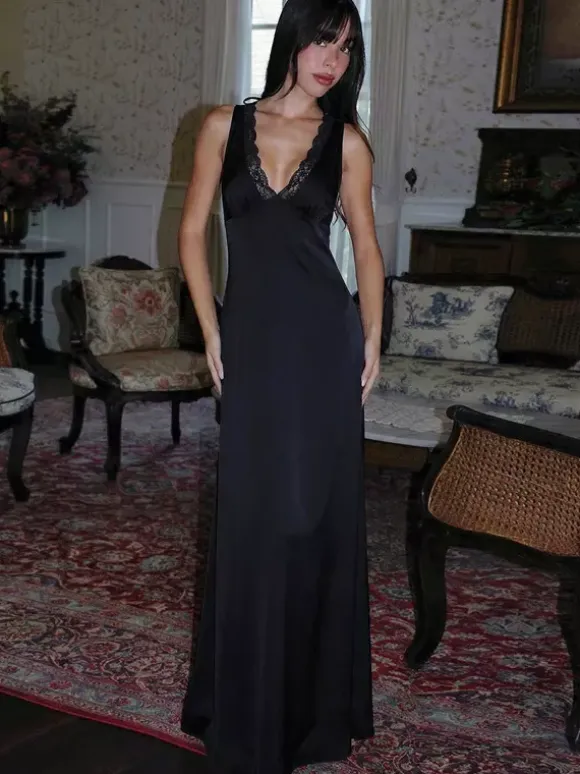 Black V Neck Lace Trim Slip Maxi Dress For Women 2026