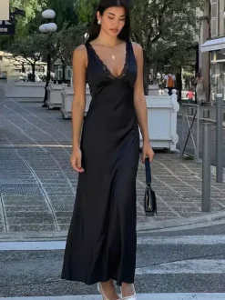 Black V Neck Lace Trim Slip Maxi Dress For Women 2026