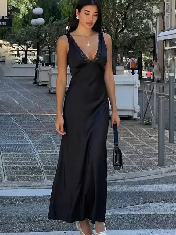 Black V Neck Lace Trim Slip Maxi Dress For Women 2026