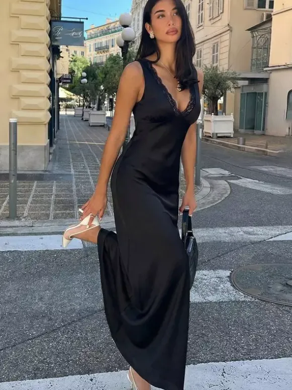 Black V Neck Lace Trim Slip Maxi Dress For Women 2026