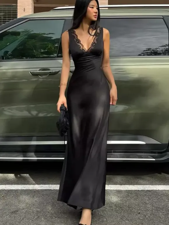 Black V Neck Lace Trim Slip Maxi Dress For Women 2026