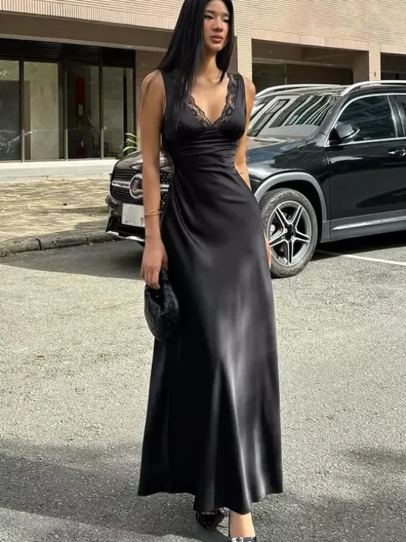 Black V Neck Lace Trim Slip Maxi Dress For Women 2026