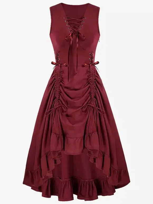 Black Vintage Costumes Women's Ruffles Lace Up Medieval Renaissance Dress