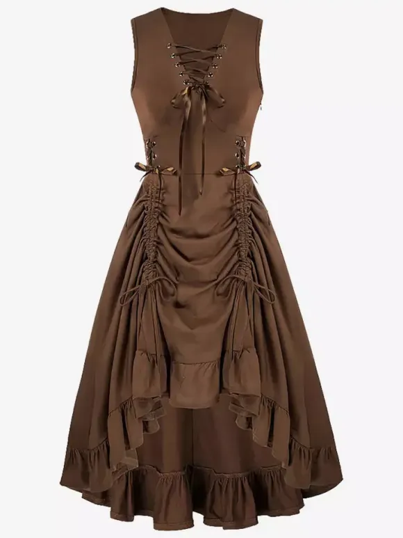Black Vintage Costumes Women's Ruffles Lace Up Medieval Renaissance Dress