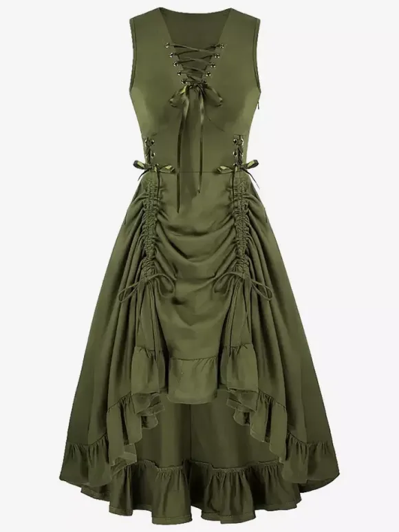 Black Vintage Costumes Women's Ruffles Lace Up Medieval Renaissance Dress