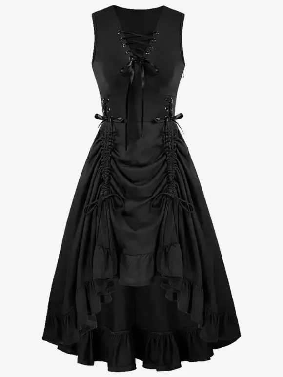 Black Vintage Costumes Women's Ruffles Lace Up Medieval Renaissance Dress