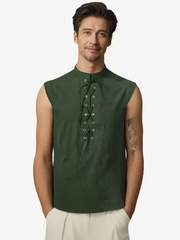 Black Vintage Top Elegant Polyester Lace Up Sleeveless Retro Costumes For Man