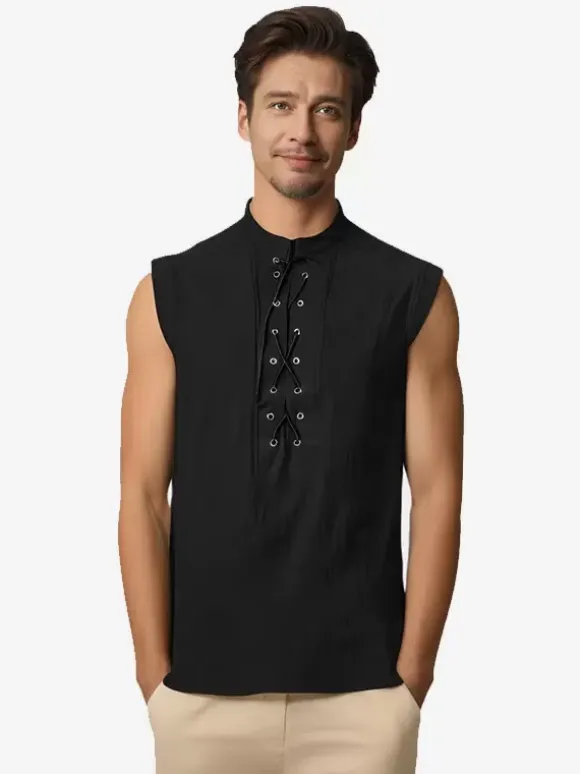 Black Vintage Top Elegant Polyester Lace Up Sleeveless Retro Costumes For Man