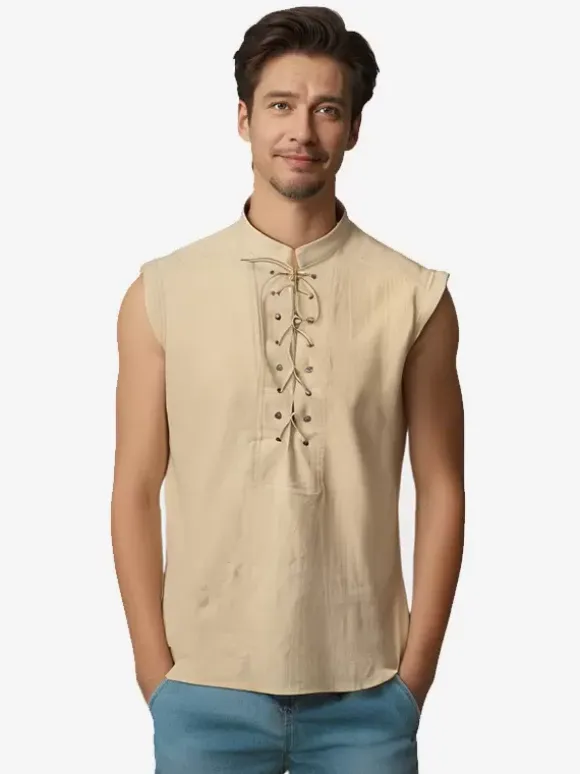 Black Vintage Top Elegant Polyester Lace Up Sleeveless Retro Costumes For Man