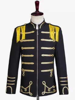 Black Vintage Top Euro-Style Polyester Fringe Buttons Color Block Long Sleeves Retro Costumes For Man