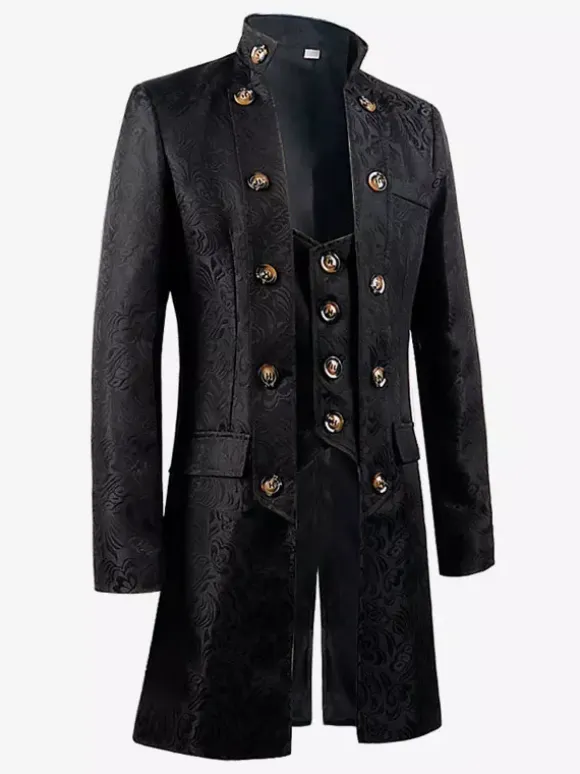 Black Vintage Top Renaissance Jacquard Long Sleeves Polyester Polyester Fiber Overcoat Retro Costumes For Man