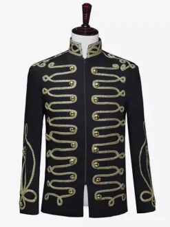 Black Vintage Top Retro Buttons Color Block Long Sleeves Polyester Overcoat Retro Costumes For Man