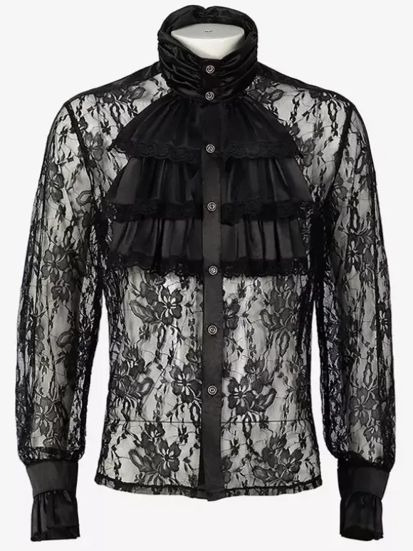 Black Vintage Top Retro Long Sleeves Polyester Polyester Fiber Shirt Retro Costumes For Man
