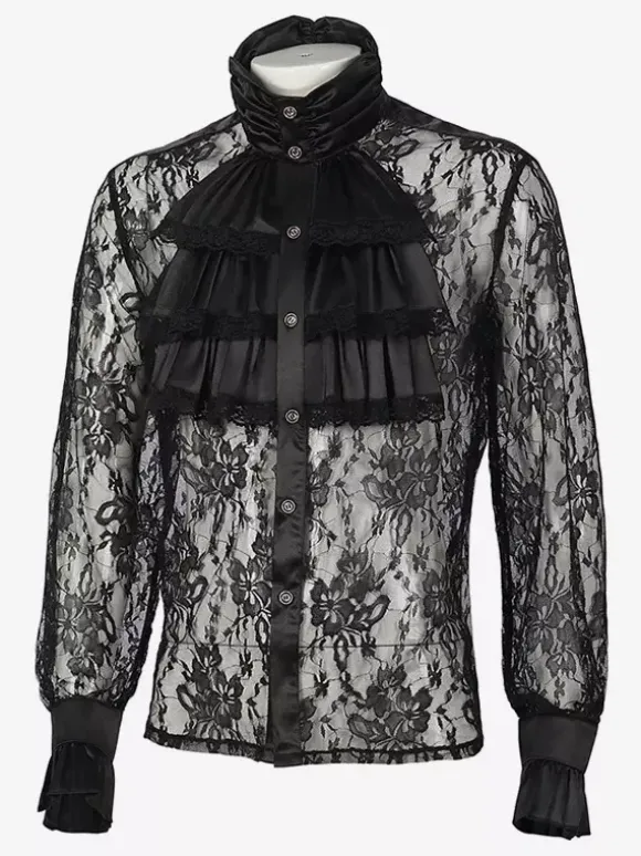 Black Vintage Top Retro Long Sleeves Polyester Polyester Fiber Shirt Retro Costumes For Man