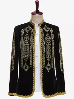 Black Vintage Top Retro Polyester Embroidered Buttons Color Block Long Sleeves Retro Costumes For Man