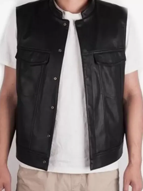 Black Vintage Top Retro Sleeveless PU Leather Top Retro Costumes For Man