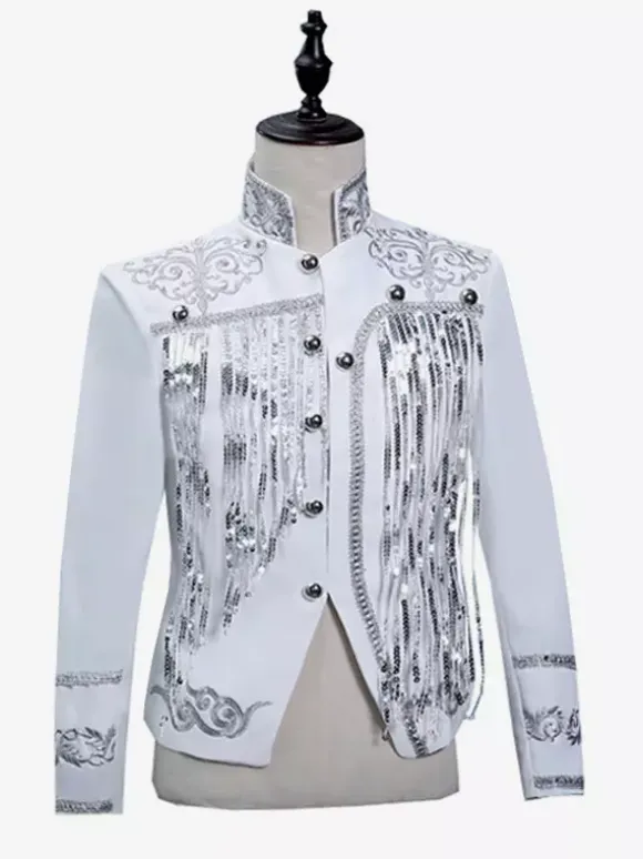 Black Vintage Top Sequin Tassel Coat Long Sleeves Retro Costumes For Man