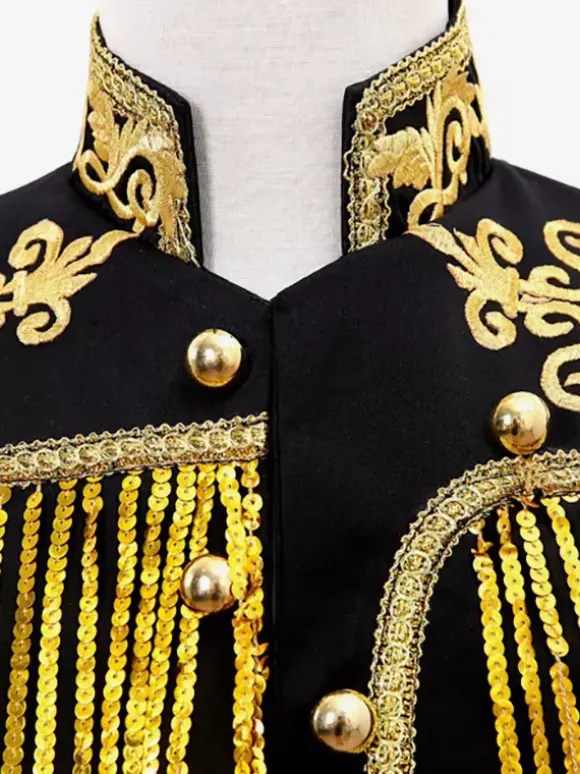 Black Vintage Top Sequin Tassel Coat Long Sleeves Retro Costumes For Man