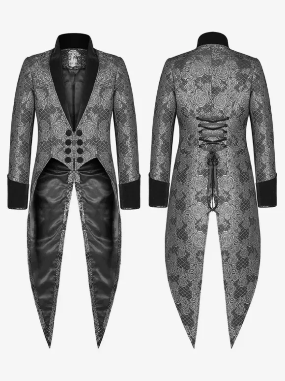 Black Vintage Top Vintage Split Front Lace Up Jacquard Long Sleeves Polyester Top Retro Costumes For Man