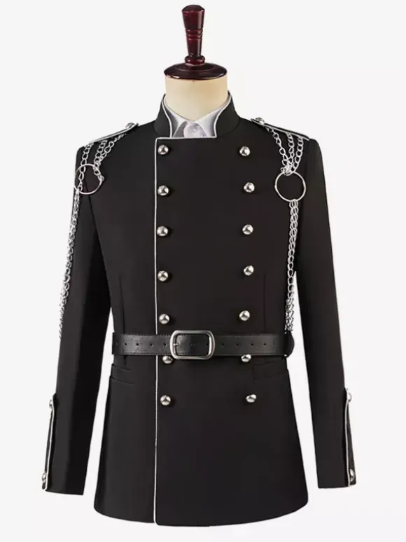 Black Vintage Top Vintage Chains Buttons Long Sleeves Polyester Overcoat Retro Costumes For Man