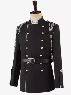 Black Vintage Top Vintage Chains Buttons Long Sleeves Polyester Overcoat Retro Costumes For Man