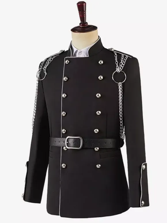 Black Vintage Top Vintage Chains Buttons Long Sleeves Polyester Overcoat Retro Costumes For Man