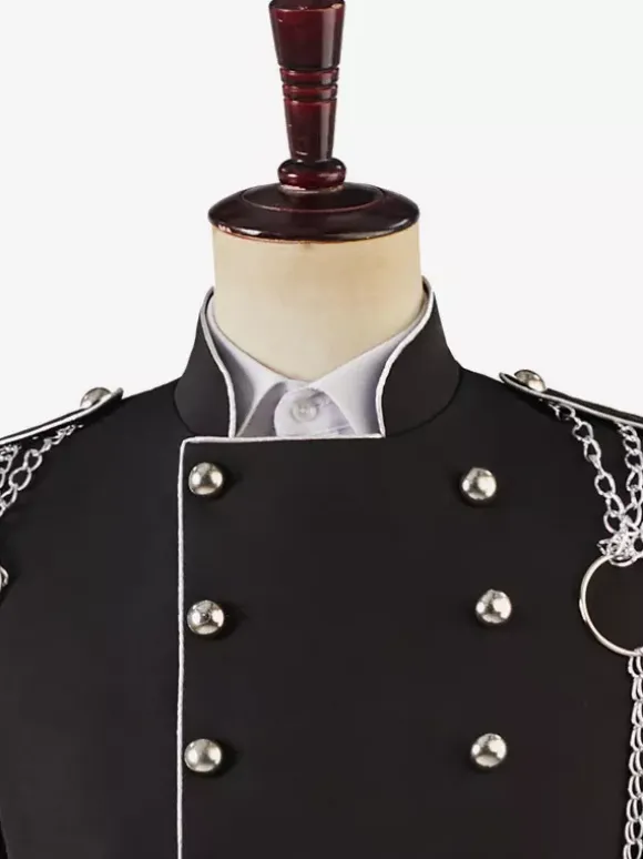 Black Vintage Top Vintage Chains Buttons Long Sleeves Polyester Overcoat Retro Costumes For Man