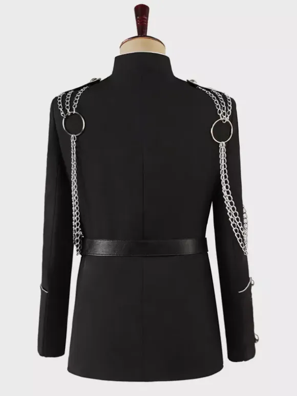 Black Vintage Top Vintage Chains Buttons Long Sleeves Polyester Overcoat Retro Costumes For Man