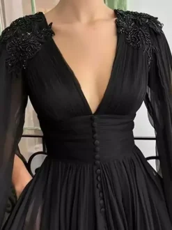 Black Wedding Dress Evening Dress Ball Gown V-Neck Chiffon Floor-Length Beaded Social Party Dresses