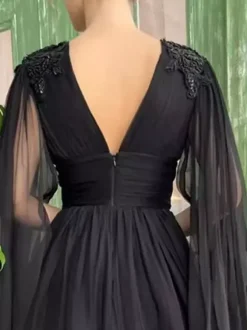 Black Wedding Dress Evening Dress Ball Gown V-Neck Chiffon Floor-Length Beaded Social Party Dresses