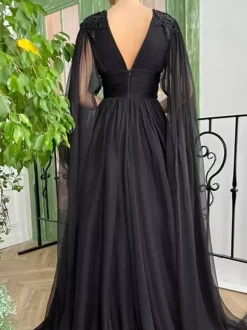 Black Wedding Dress Evening Dress Ball Gown V-Neck Chiffon Floor-Length Beaded Social Party Dresses