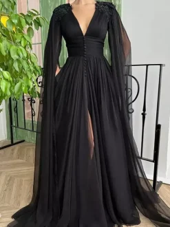 Black Wedding Dress Evening Dress Ball Gown V-Neck Chiffon Floor-Length Beaded Social Party Dresses