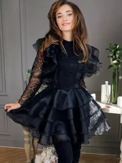 Black Wedding Dresses 2026 Lace A-Line Long Sleeves Short Bridal Dress Free Customization