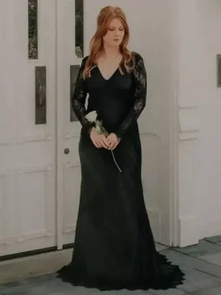 Black Wedding Dresses 2026 Mermaid Long Sleeves Lace With Train Bridal Gown Free Customization