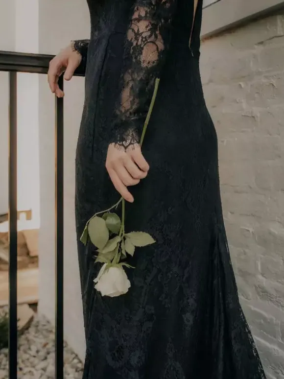 Black Wedding Dresses 2026 Mermaid Long Sleeves Lace With Train Bridal Gown Free Customization