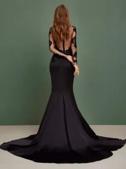 Black Wedding Dresses 2026 Satin Fabric Mermaid Long Sleeves Lace With Train Bridal Gown Free Customization